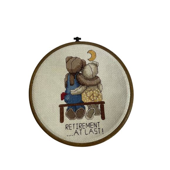 Retirement at Last! bears on bench counted cross stitch 8.75" round - Picture 1 of 7